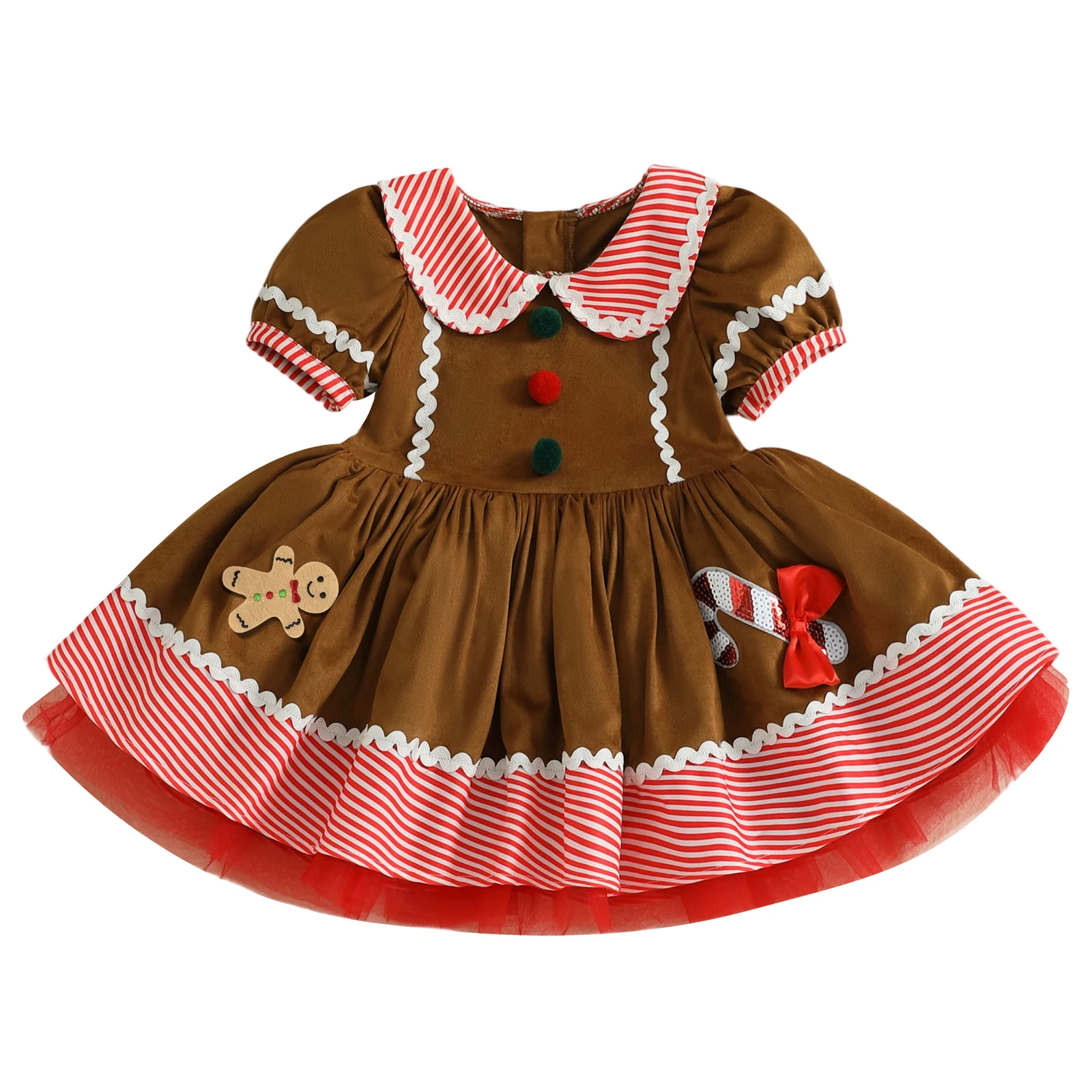 Robe d'été pour bébés filles motif bonhomme en pain d'épice col de poupée manches courtes rayée