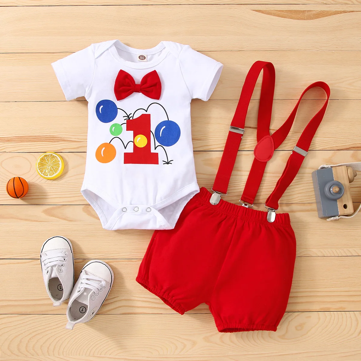 Ensemble anniversaire bébé garçon 1 an body lettre 1 ballons short suspendeurs fêtes célébration cadeau naissa