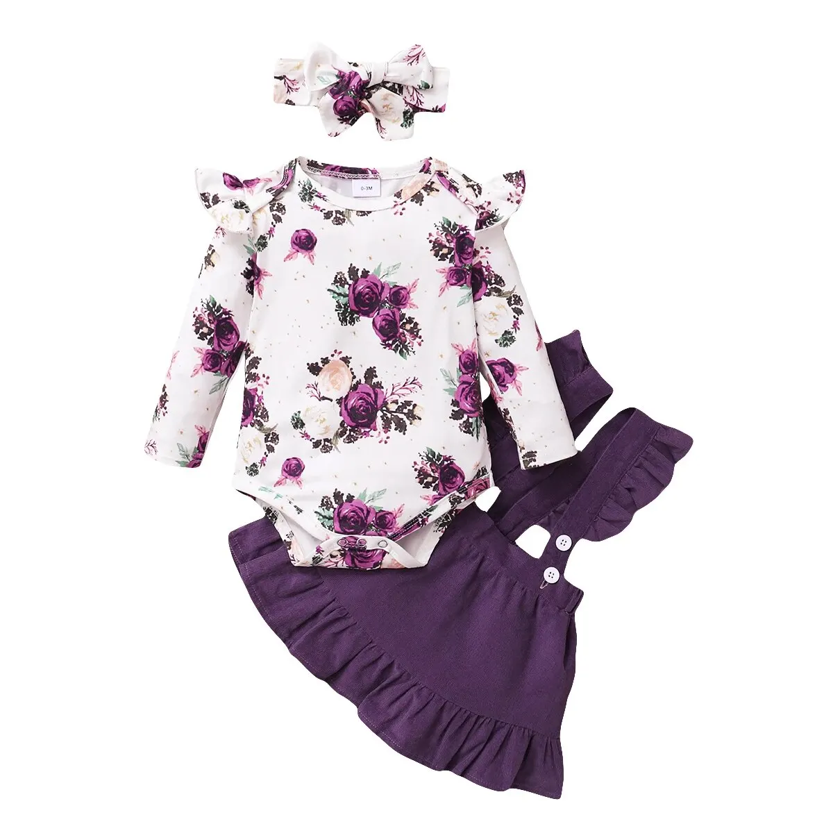 Ensemble de vêtements pour nouveauné fille body à manches longues jupe à bretelles bandeau floral printemps au