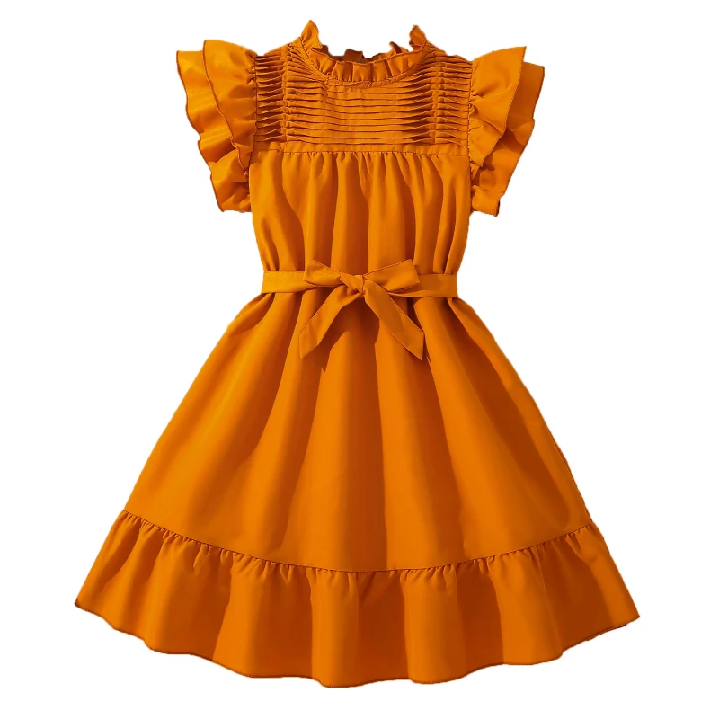 Robe jauneorange fille fronces manches bouffantes ceinture pour anniversaire baptême été 812 ans vêtement élég