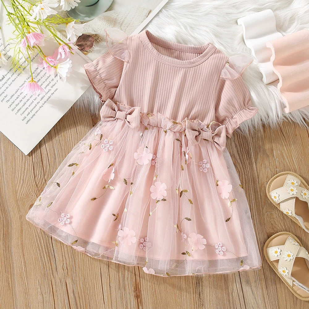 Robe princesse fille floral rose lumière Aline manches courtes été bébé