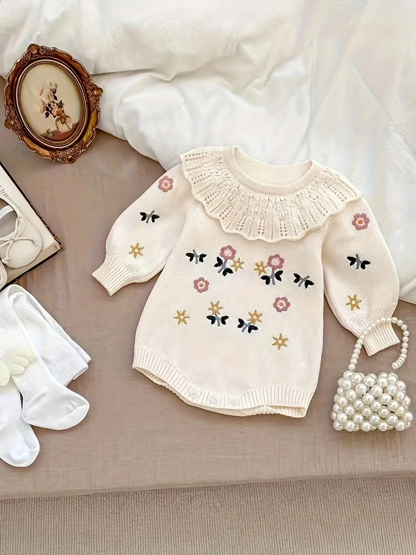 Vêtements d'automne bébé fille sac princesse tricot brodé robe 1 an