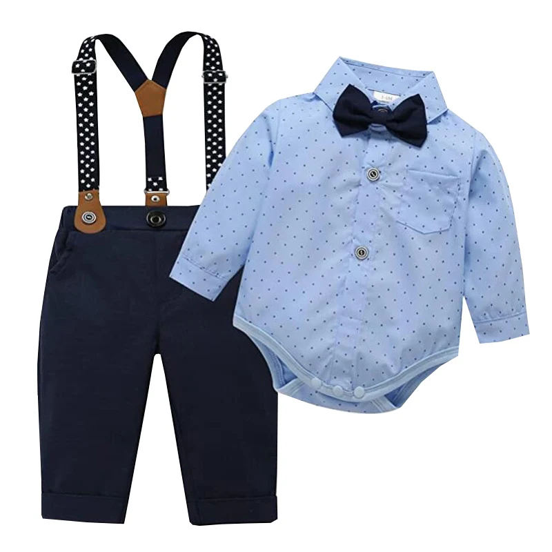 Costume formel pour bébé garçon tenue mariage baptême ensemble suspenders shirt bleu occasion spéciale bébé 32