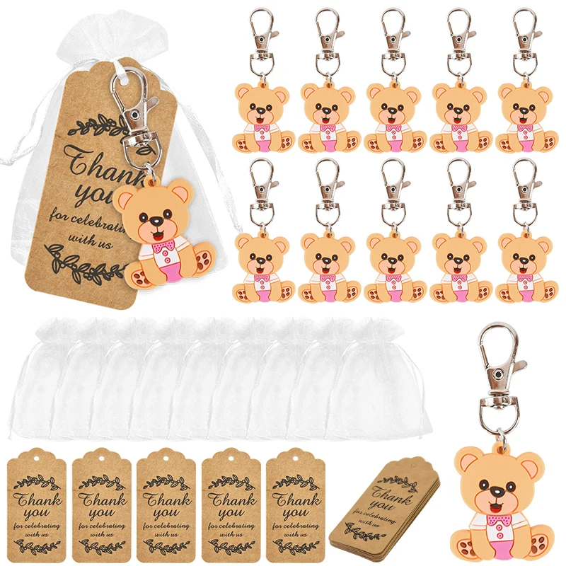 Porteclés ours en peluche avec étiquette remerciement sachet organza cadeau bébé fille garçon fête anniversair