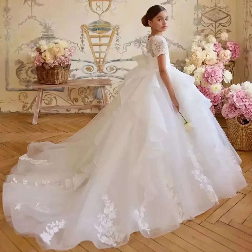 Robe demoiselle d'honneur bébé fille dentelle appliques nœud plissé mariage anniversaire communion princesse a