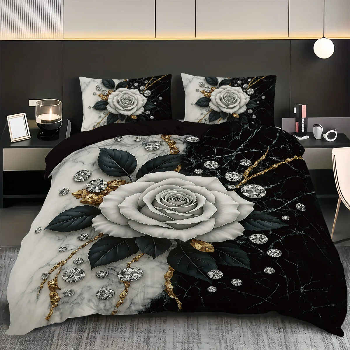 Ensemble de lit 3 pièces à motif floral rose housse de couette 2 taies d'oreiller polyester moderne élégant ch