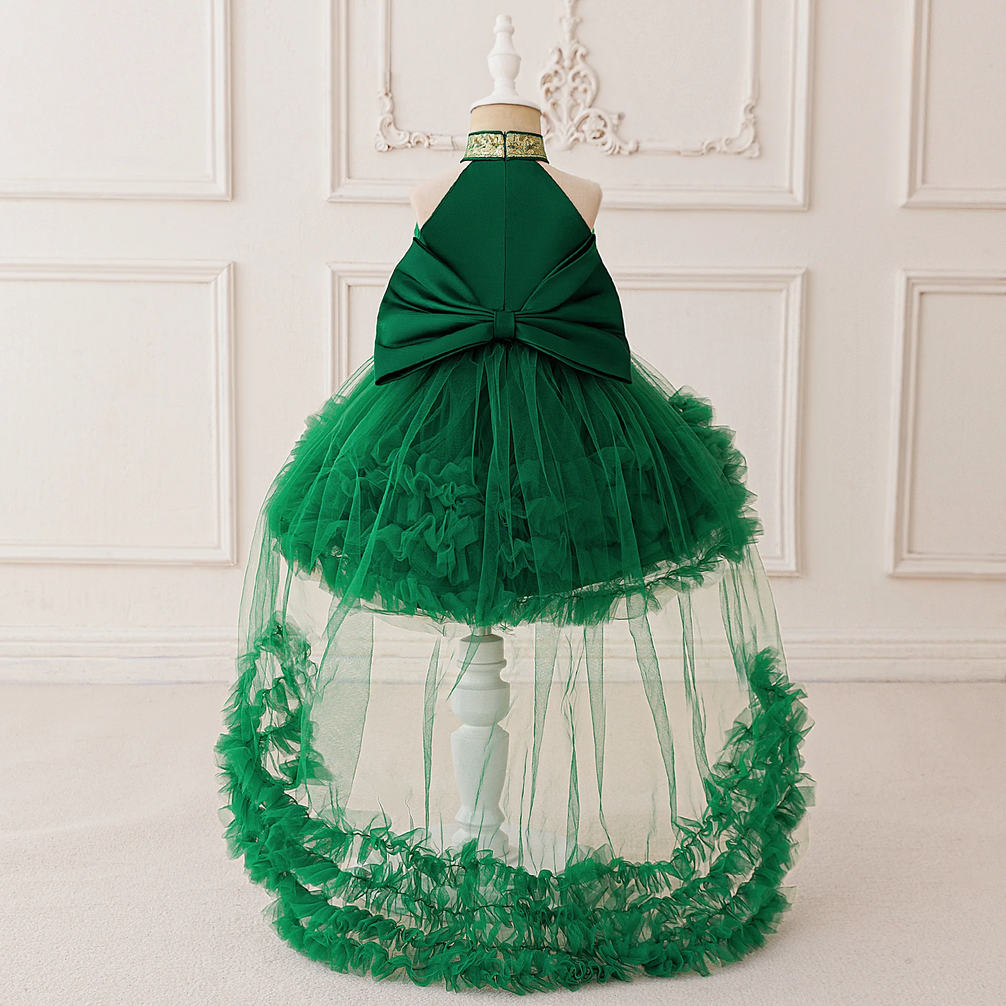 Robe de soirée bébé fille princesse robe de bal vert émeraude nœud dos tissu satiné tulle occasion mariage ann