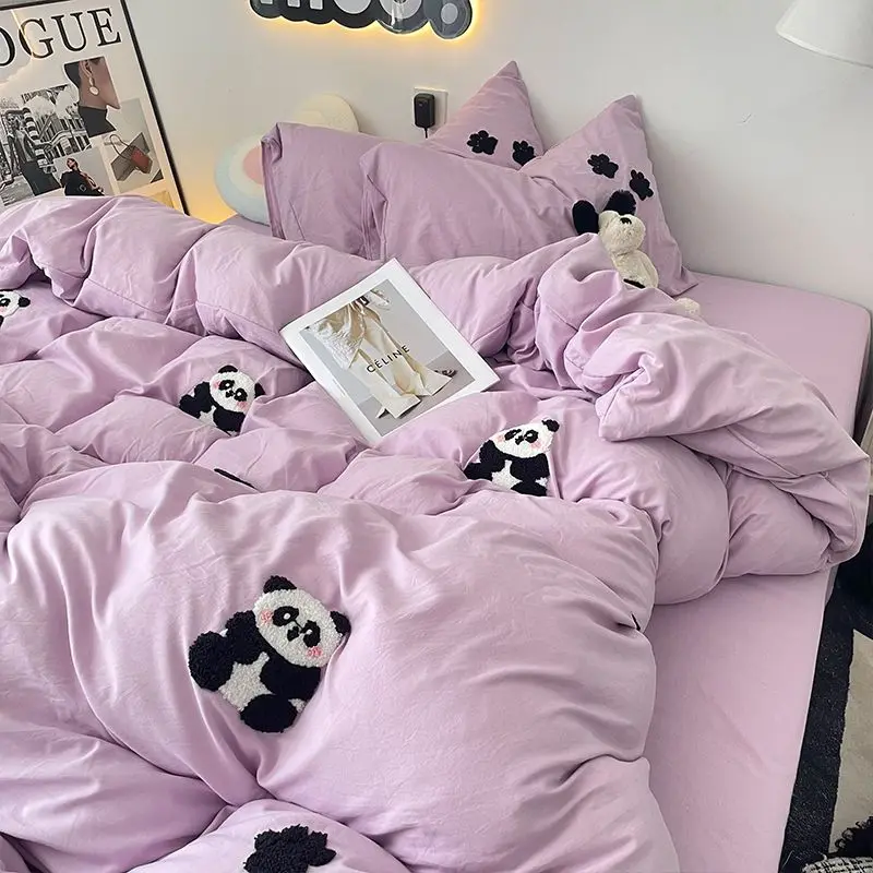 Parure de lit bébé minimaliste ensemble 4 pièces Panda lilas doux et