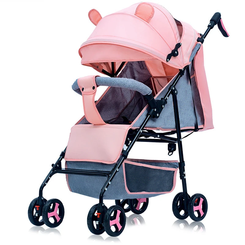 Poussette portable style dessin animé pour bébé landau de voyage haut paysage tissu doux rose et gris design m