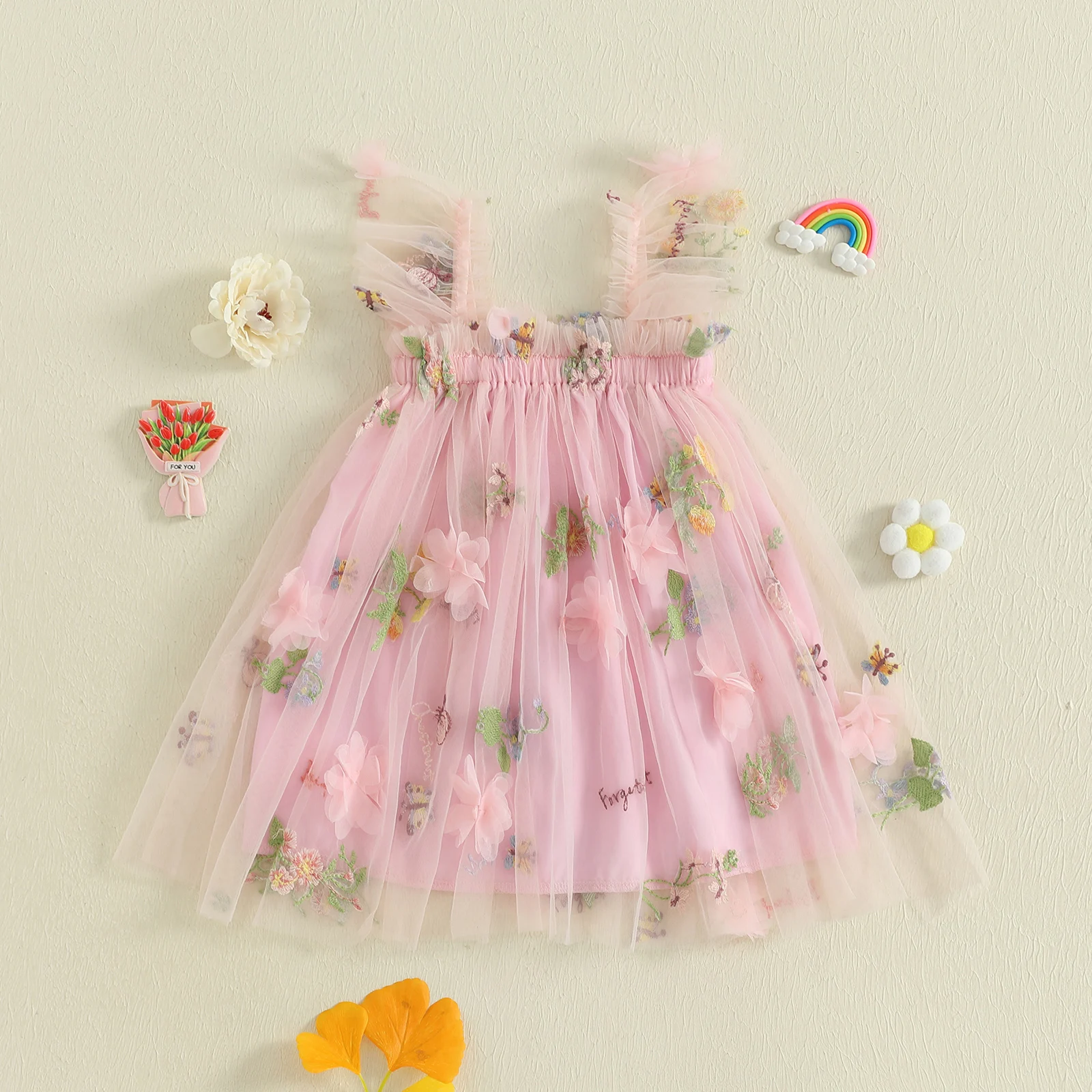 Robe princesse bébé fille sans manches broderie florale tulle élastique
