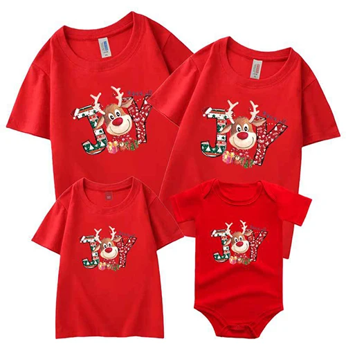 Ensemble vêtements Noël famille père mère fils fille Tshirt enfants adultes body bébé rouge motif renne fêtes 