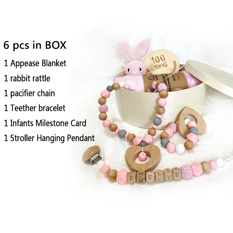 Ensemble de cadeau pour bébé hochet en bois couverture apaisante chaîne à sucette bracelet de dentition carte 