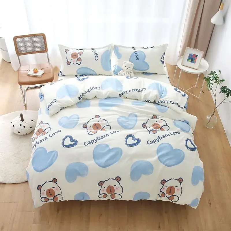 Ensemble housse de couette et oreillers design capybara et cœurs lit simple et double décoration chambre bébé