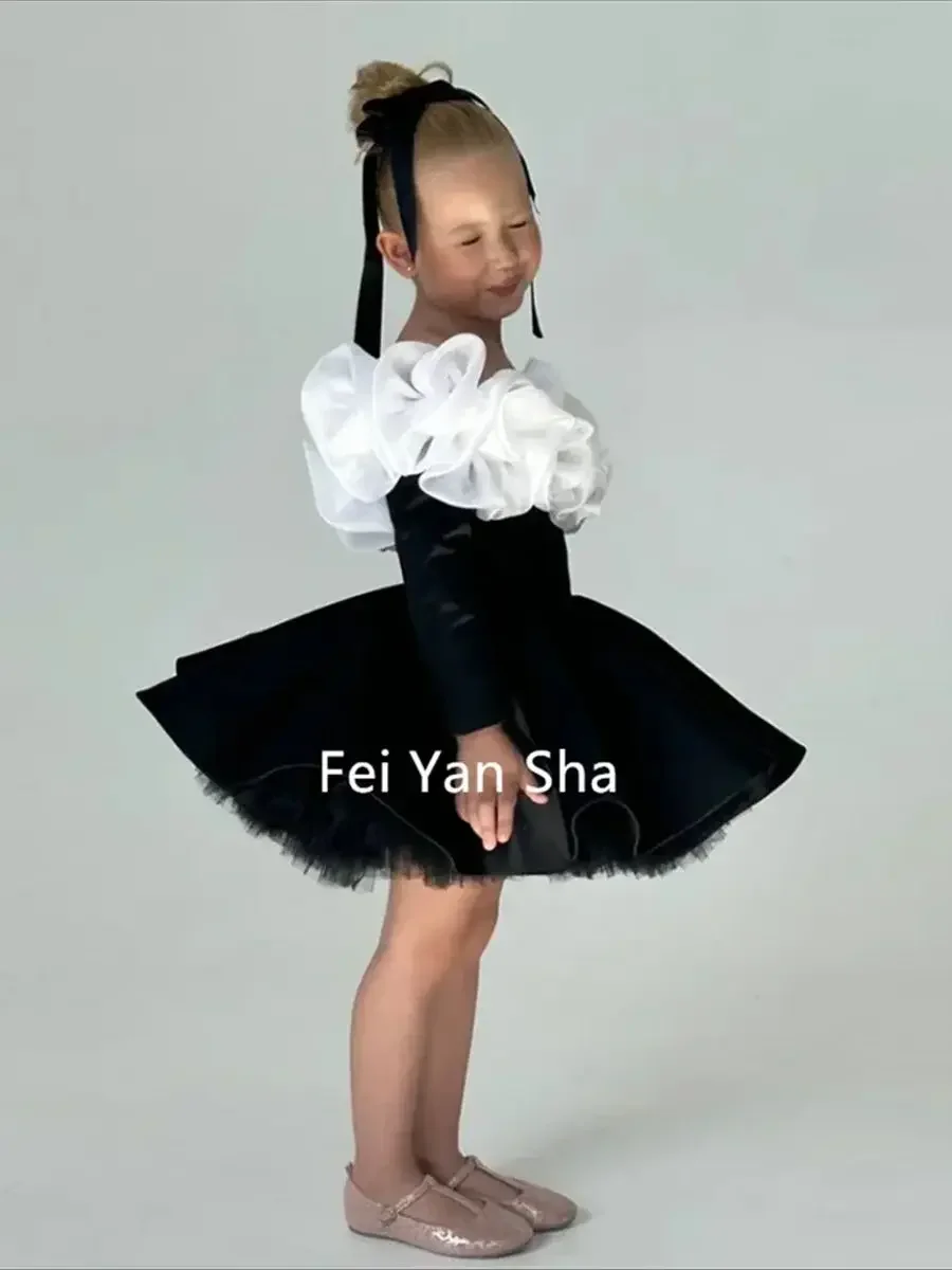 Robe demoiselle d'honneur en velours noir Aligne fleurs 3D court mariage anniversaire enfants安全舒适优雅