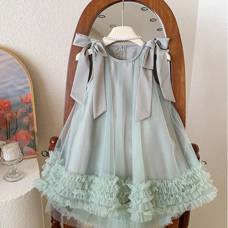 Robe princesse été fille tulle satin nœud épaules occasion spéciale 26