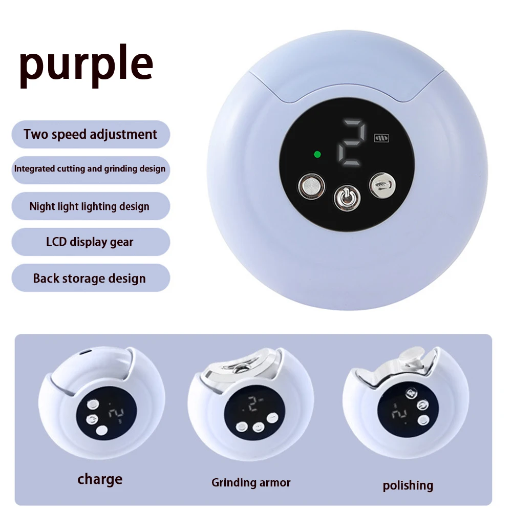 Coupeongles électrique pour bébé et adulte soin des ongles polissage manucure design moderne violet 2 vitesses