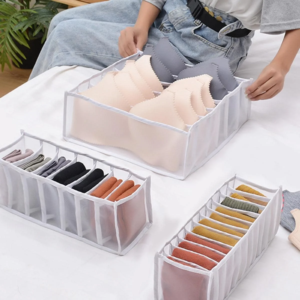 Organisateur de lingerie en tissu synthétique rangement de sousvêtements boîte transparente 4 coloris 3 taille