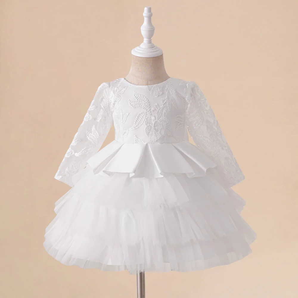 Robe de baptême en dentelle manches longues bébé fille robe princesse tulle moelleux fête mariage 1er annivers