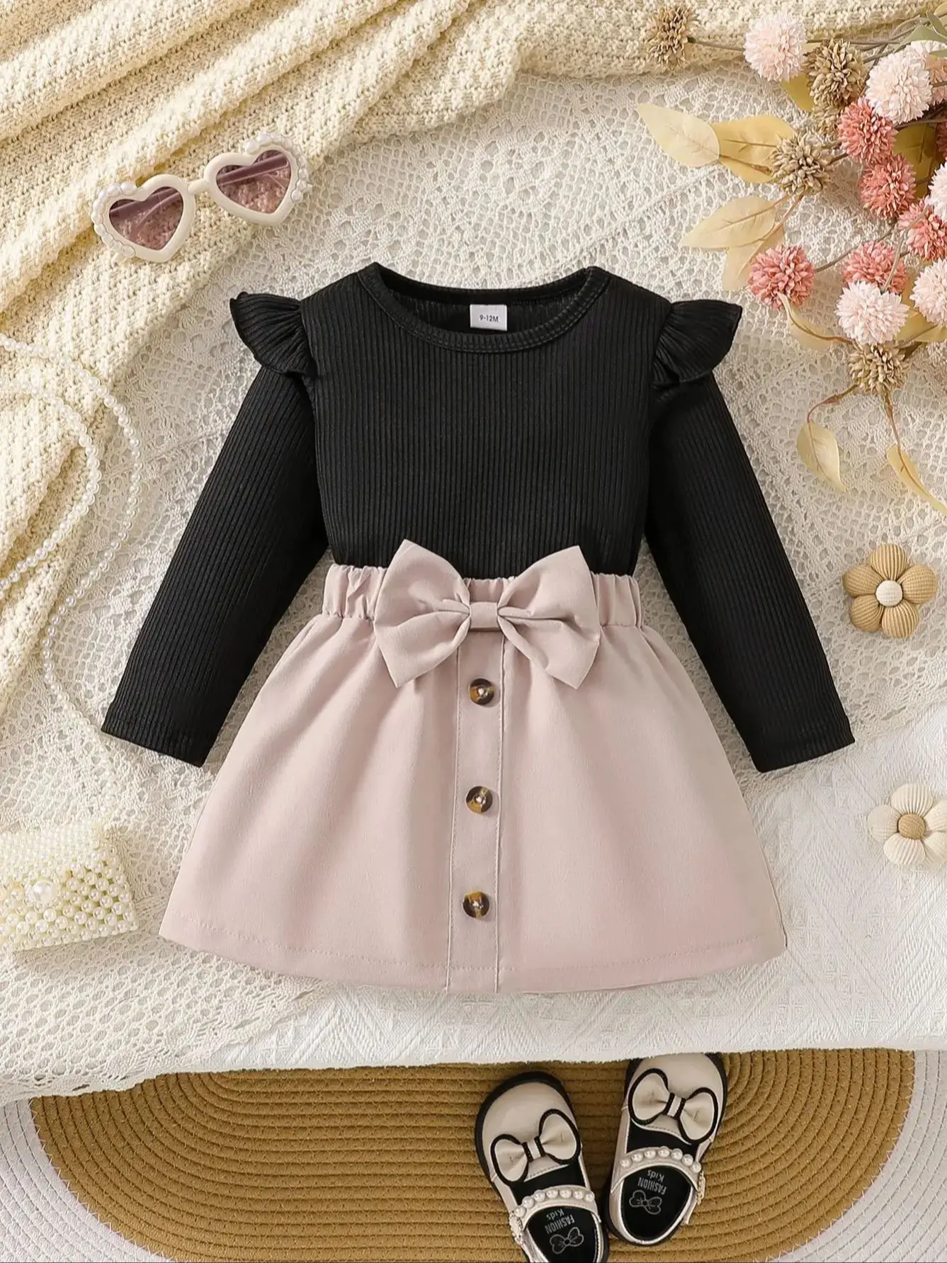 Robe d'automne pour bébé fille manches longues noir et rose volants nœud papillon robe de soirée 03 ans confor