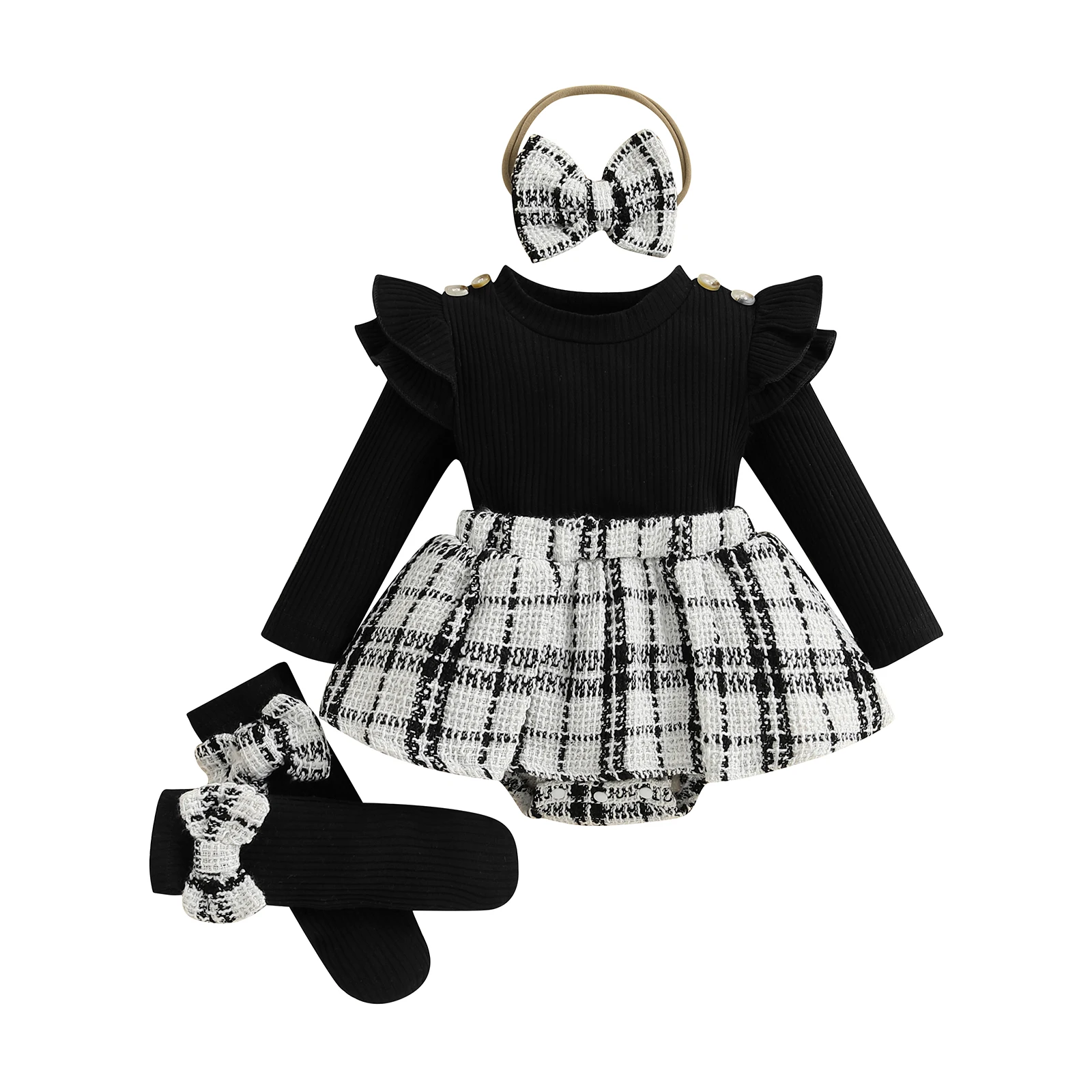 Tenue printemps automne bébé fille robe manches longues jupe carreaux