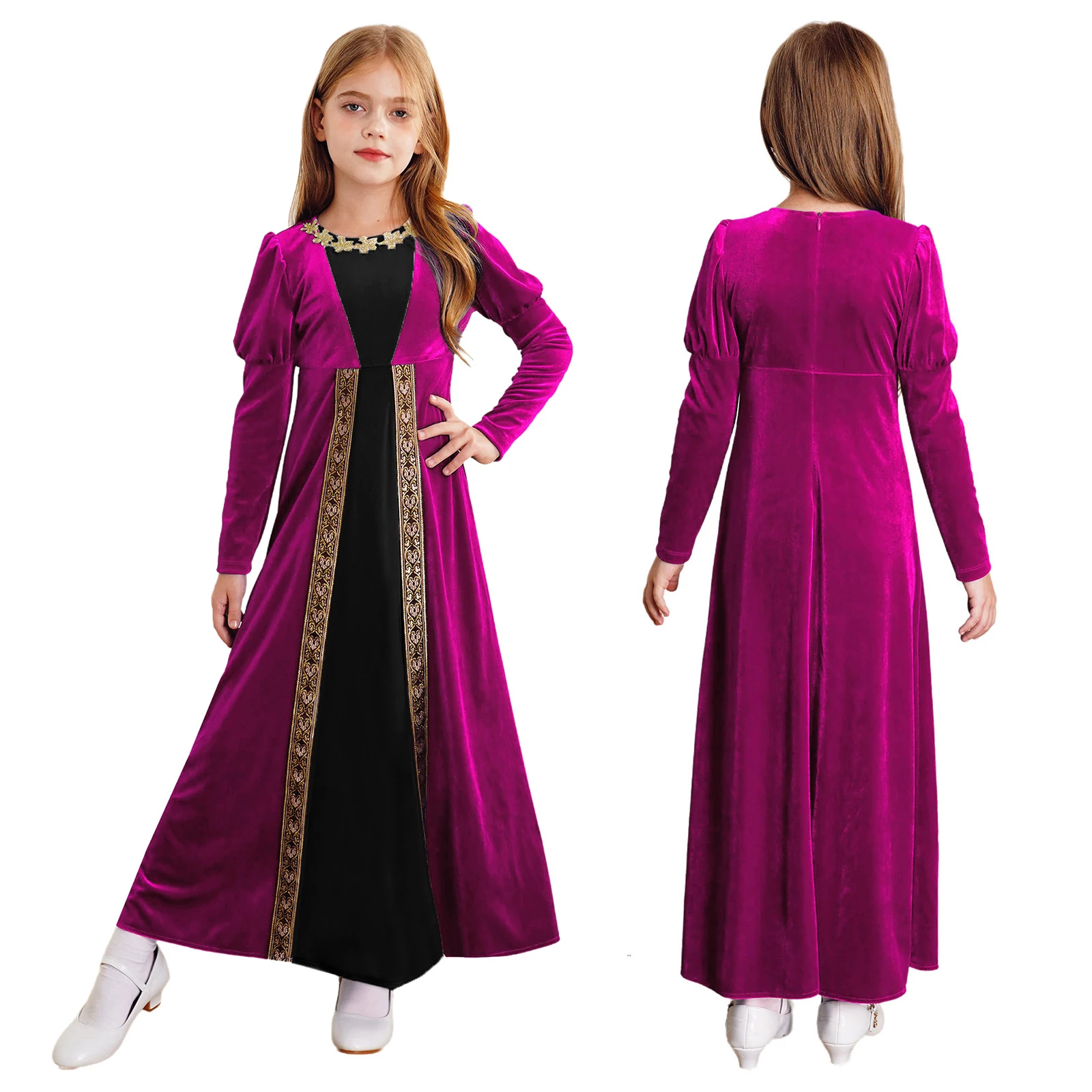 Robe princesse rétro Renaissance velours fleurs dorées manches longues fête d'Halloween costume prairie filles