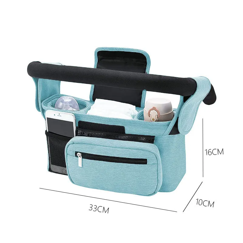 Organisateur universel de poussette avec portegobelet isolé sac détachable et bandoulière bleu pastel