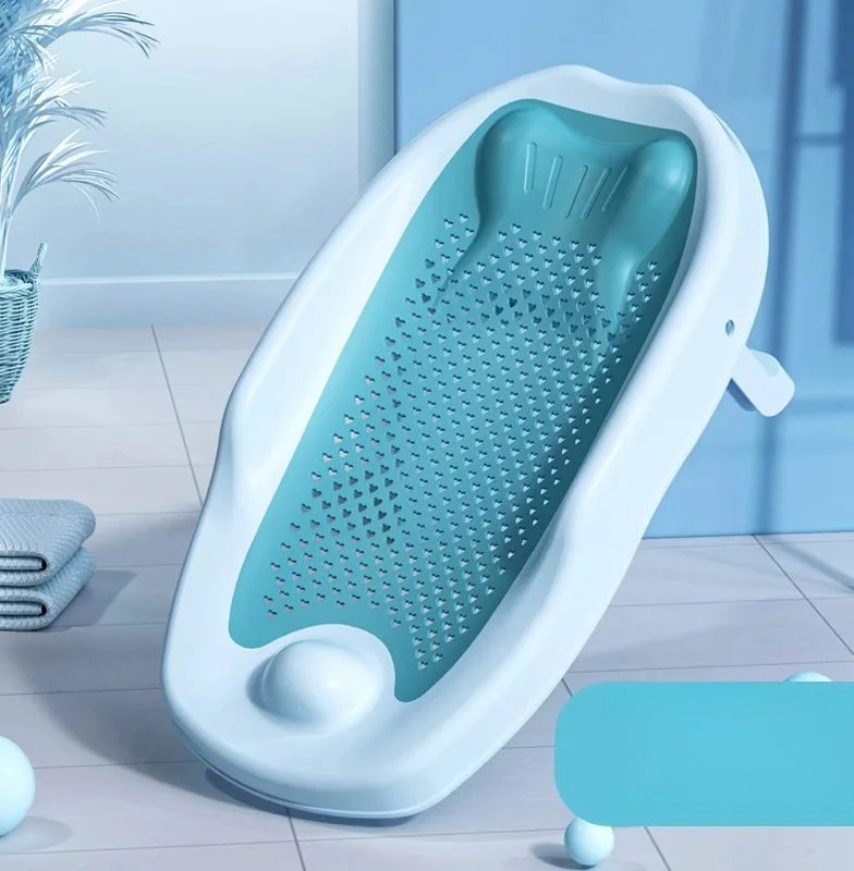 Baignoire bébé ergonomique inclinée antiglisse drainage intégré tapis de bain coussin tête filet de douche uni