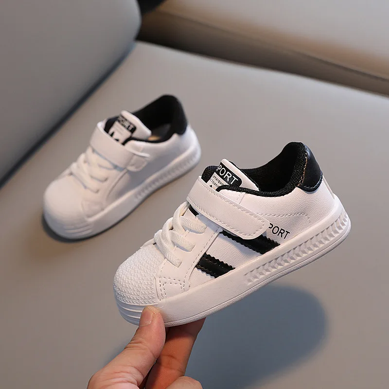 Chaussures sport enfants PU antidérapantes blanches/noires velcro