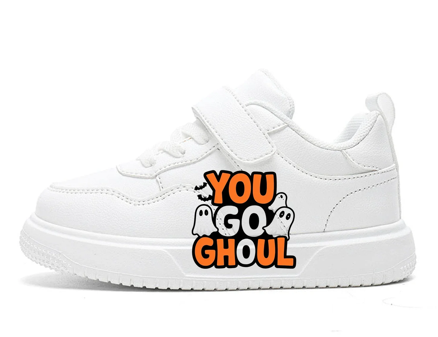 Chaussures enfants sneakers décontractées slogan fantômes YOU GO GHOUL blanc noir orange fantaisie printempsau