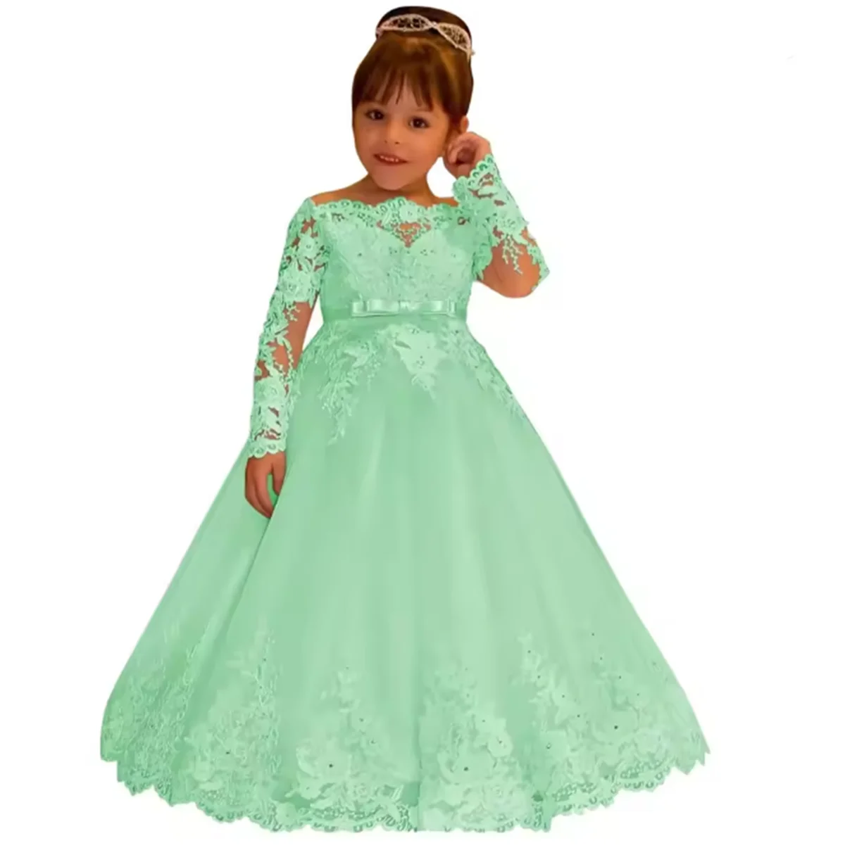 Robe de cérémonie princesse pour filles style bal manches dentelle couleur verte pastel robe de communion mari