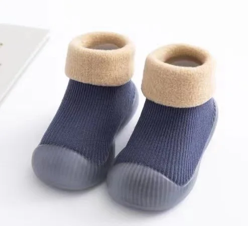 Chaussons bébé antidérapants confortables hiver 04 ans sécurité intérieure premier marcheur bleu marine beige