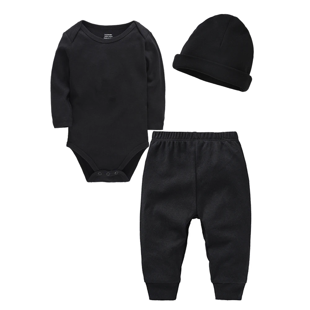 Ensemble bébé 3 pièces 100% coton body longues manches pantalon jogging chapeau couleur noire usage quotidien