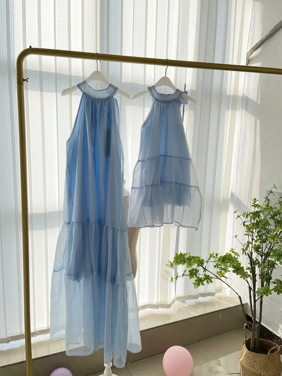 Tenues assorties en mousseline de soie pour mère et enfant, robe maxi spinale et fille, vêtements de plage pou