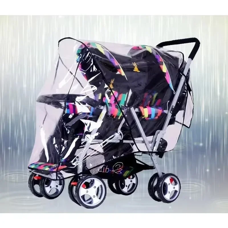 Housse de pluie transparente pour poussette double protègetemps enfants imperméable aération facile à installe