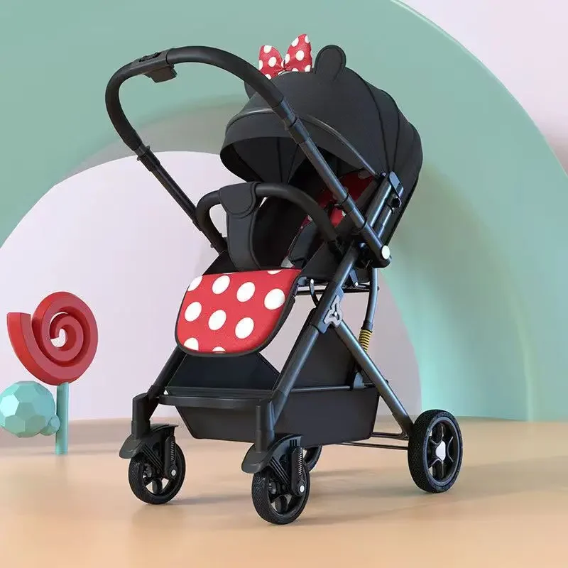 Poussette bébé portable pliable aluminium polyester rouge à pois design moderne capote noire panier suspension