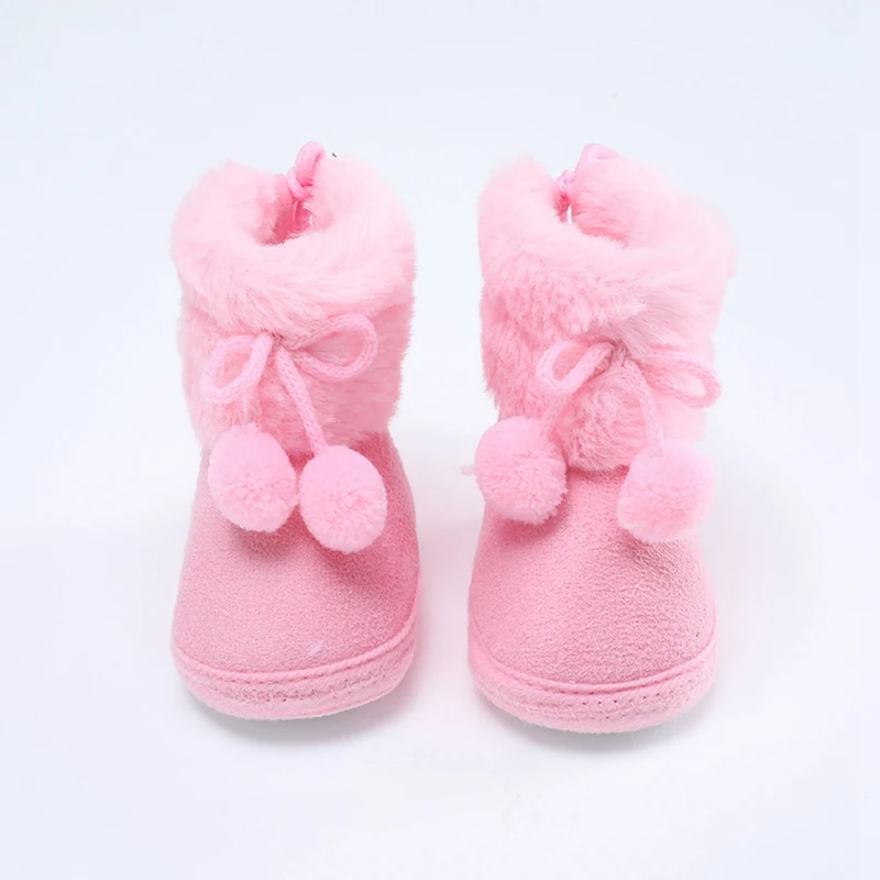 Bottes d'hiver pour bébé en fausse fourrure chaussons doux pour enfant semelle souple pompons roses confortabl