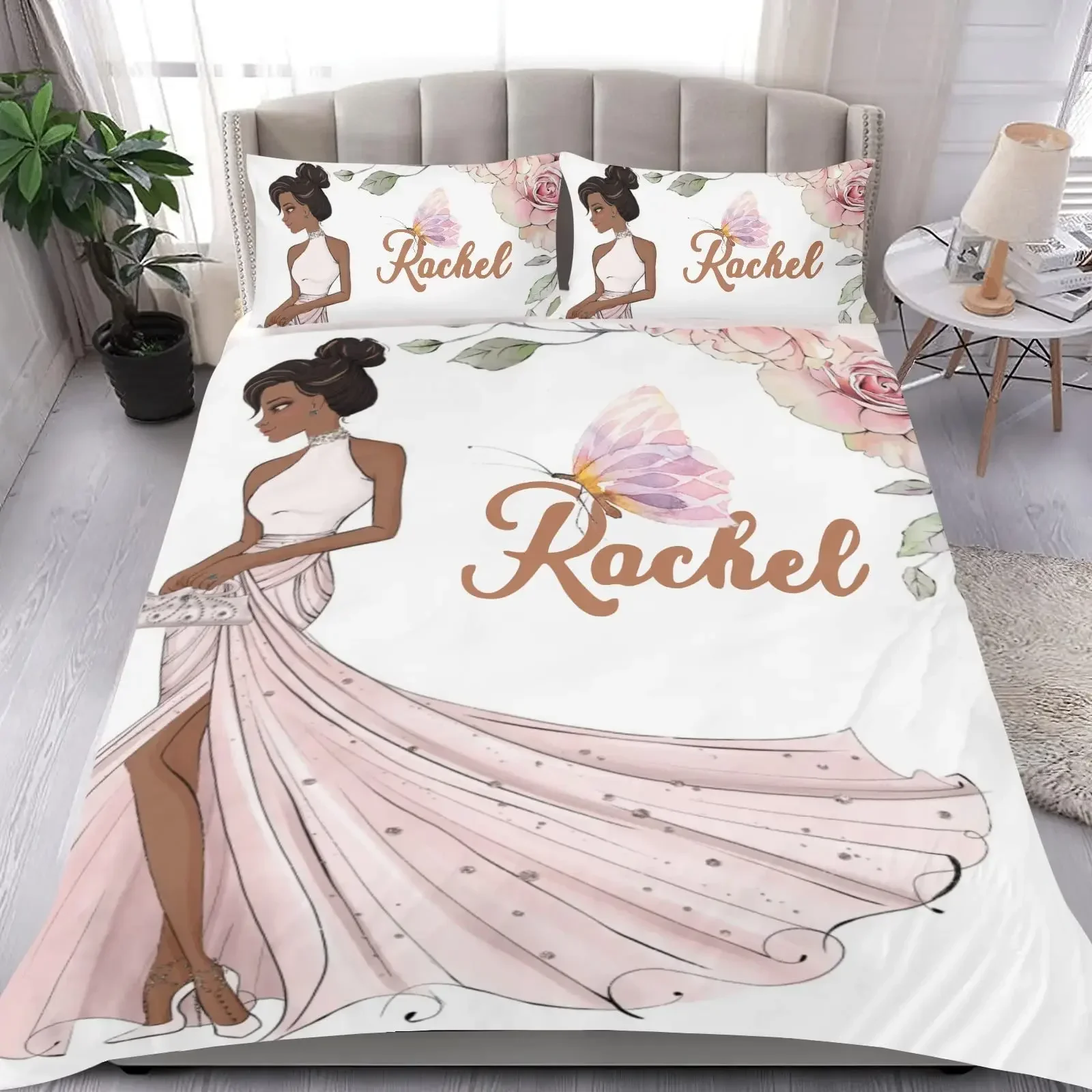 Ensemble literie housse couette oreiller personnalisée prénom Rachel design artistique floral romantique matel