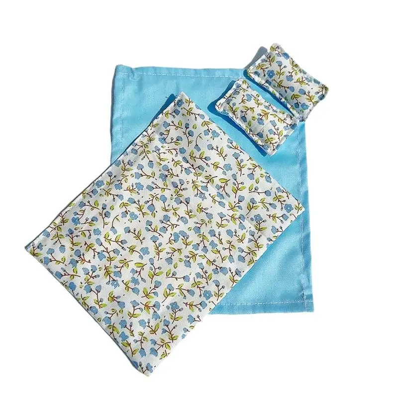 Ensemble lit miniature pour maison de poupée 4 pièces drap couette oreiller housse tissu motifs floraux bleu a