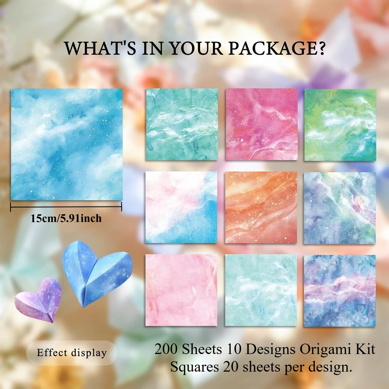 Kit papier origami artistique 200 feuilles 10 motifs colorés carrés
