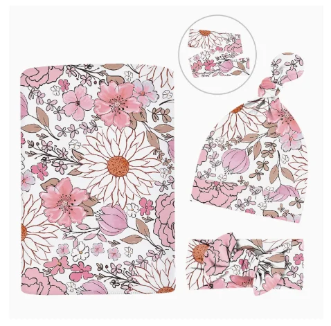 Ensemble d'emmaillotage bébé bonnet et bandeau floral couverture naissance douce accessoires bébé unisexe styl