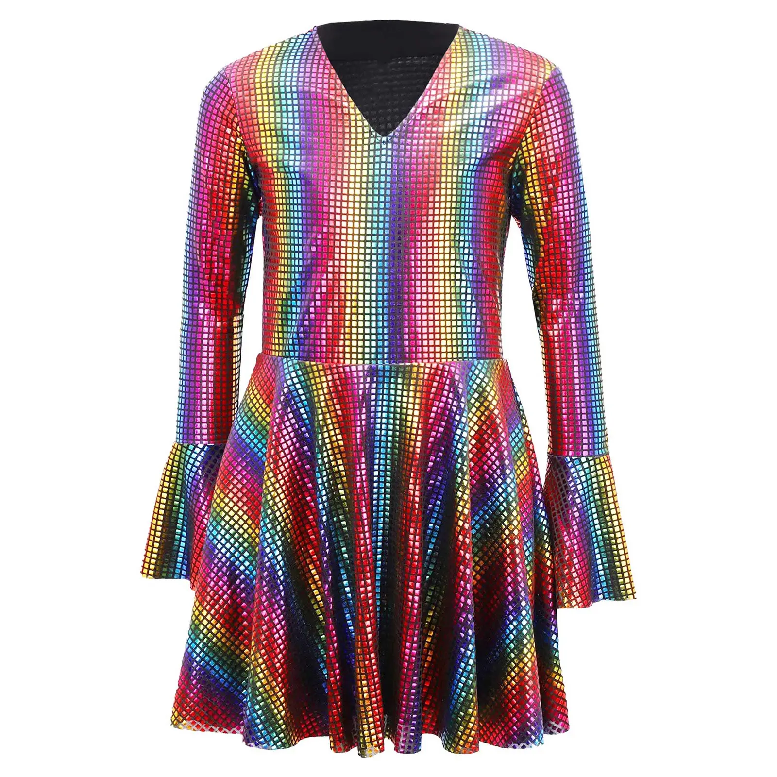 Robe Disco années 70 pour filles style rétro sequins multicolores manches longues décolleté V robe de fête Hal