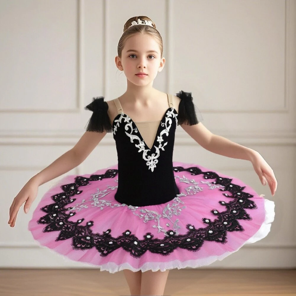 Tutu de danse classique pour filles robe de ballet élégante tulle rose dentelle noire accessoires argentés vêt