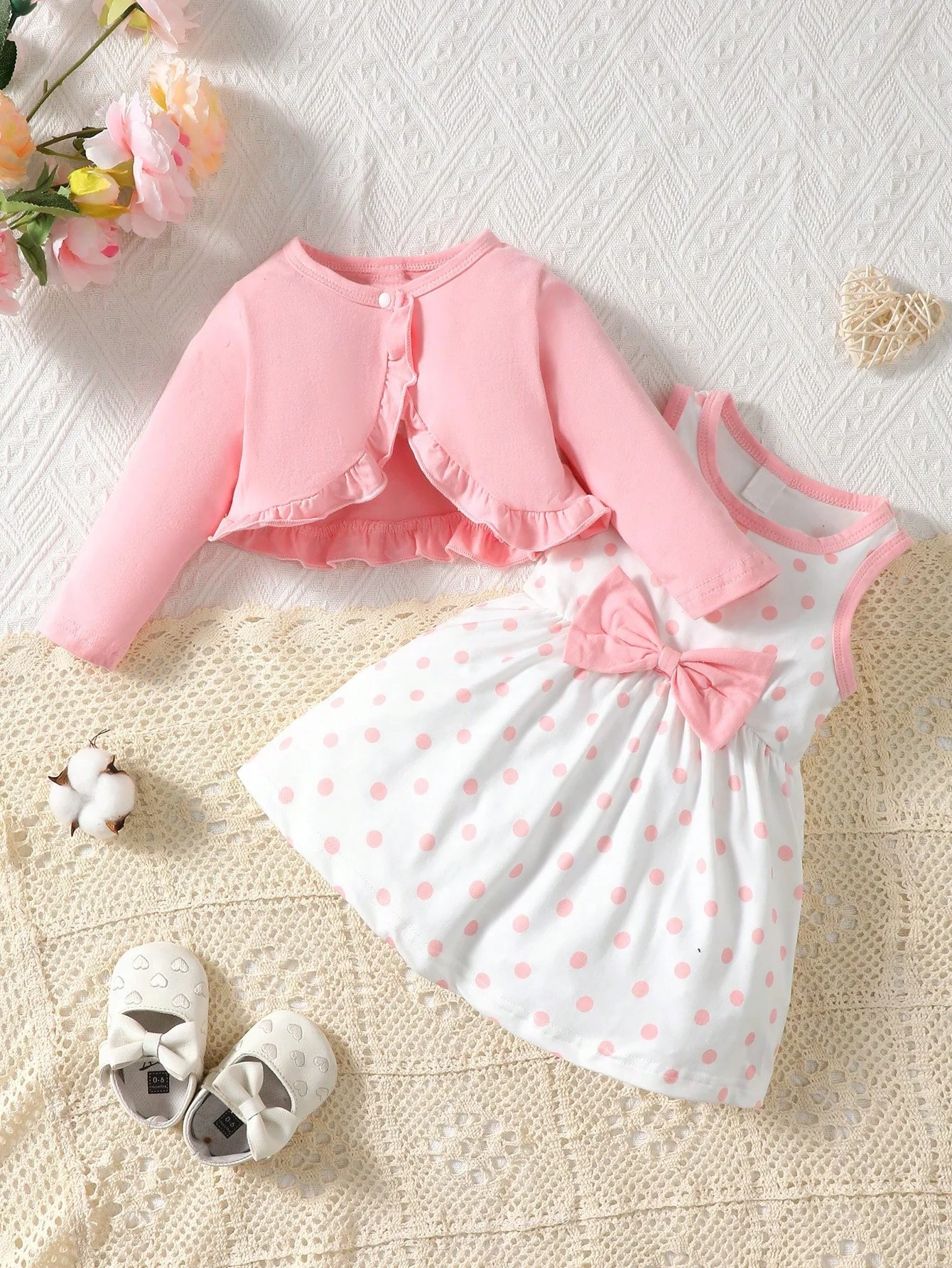 Ensemble robe et cardigan bébé fille coton blanc pois rose nœud accessoires mode classique