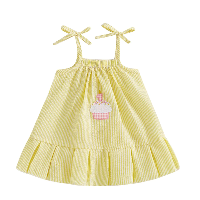 Robe bébé fille Premier Anniversaire Robe de Cérémonie Tissu Léger Rayures Jaune et Blanche Cupcake Appliqué É