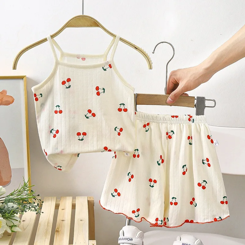 Ensemble vêtements bébé fille été coton imprimé cerises tank top short élastique confortable style mignon
