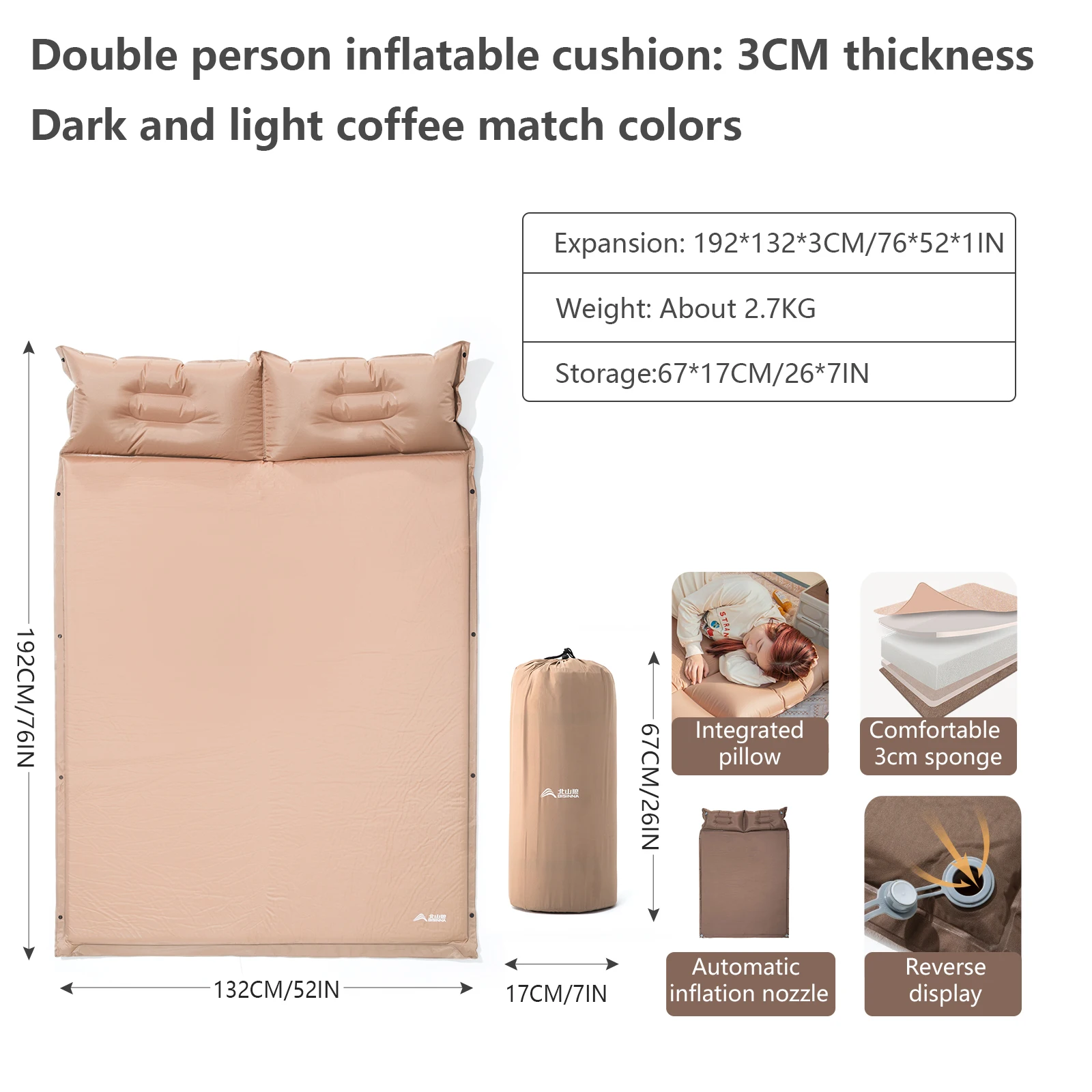 Coussin gonflable extérieur BISINNA 2 places matelas camping ultra léger valve auto gonflante sac de rangement