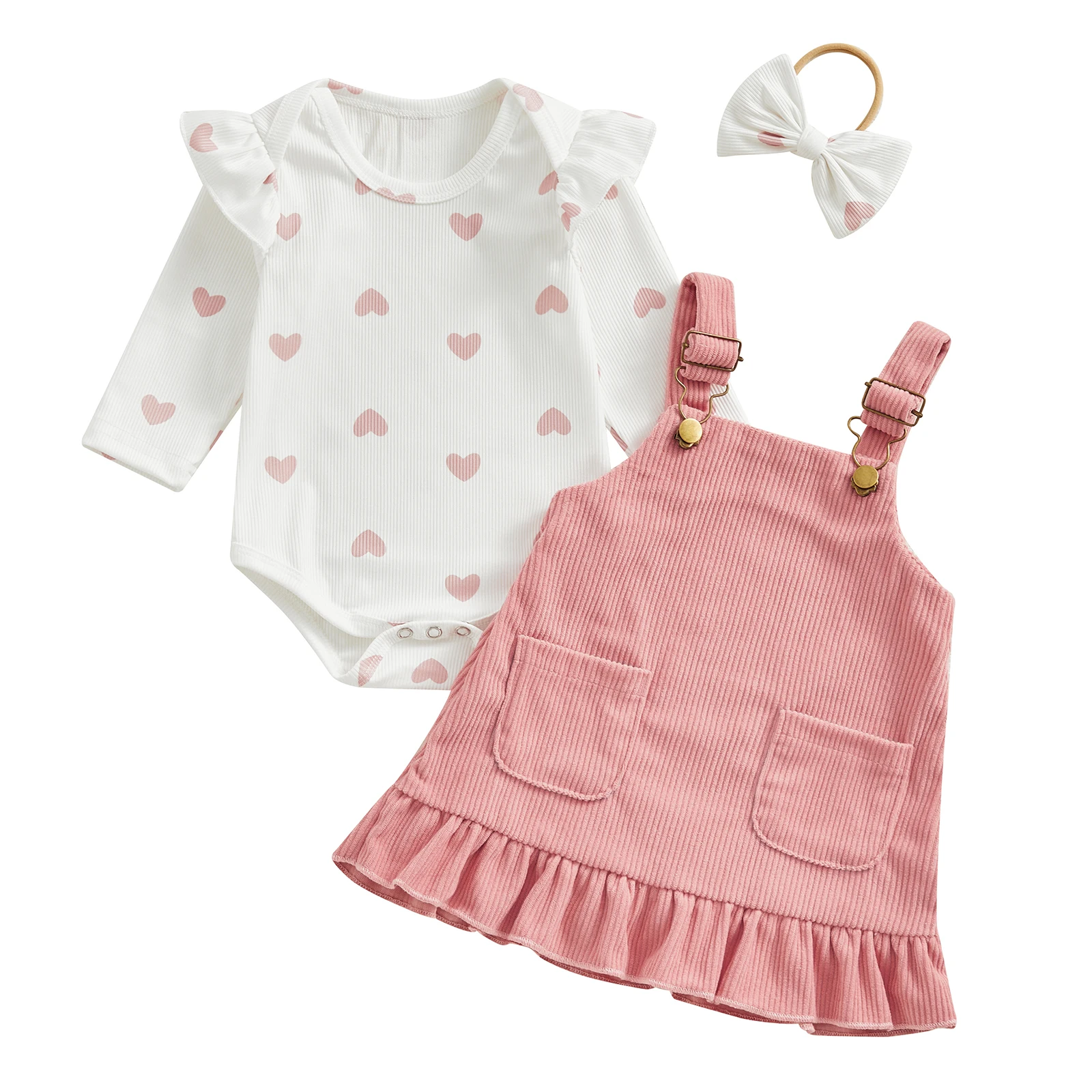 Ensemble vêtements bébé fille printemps body cœur côtelé salopette velours headband assorti 13 ans doux confor