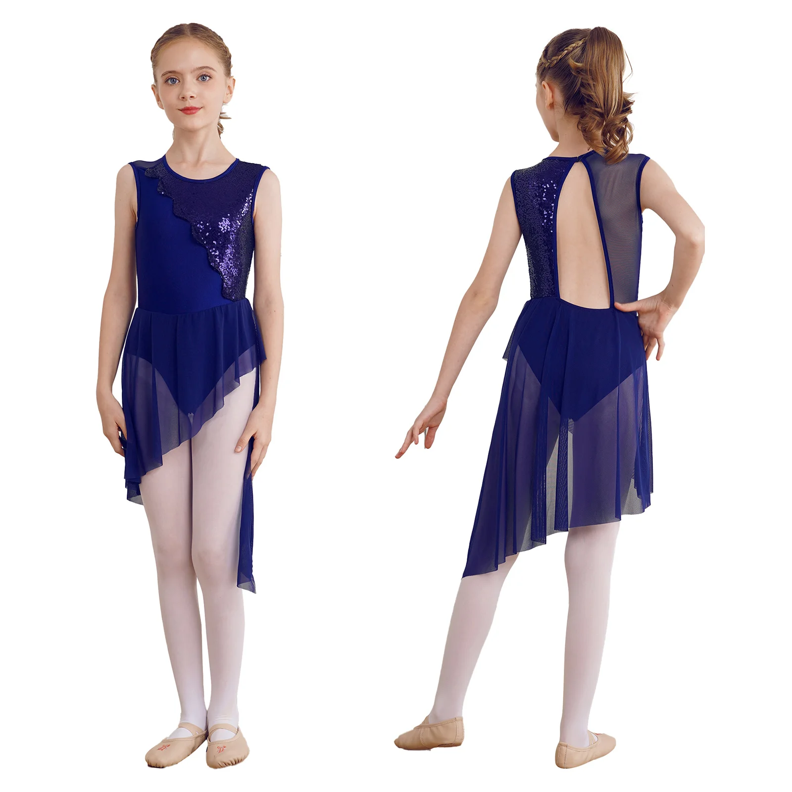 Robe de Ballet Classique pour Filles Navy Blue Sequins Tulle Dos Ouvert Danse Spectacle Élégance Confort Desig