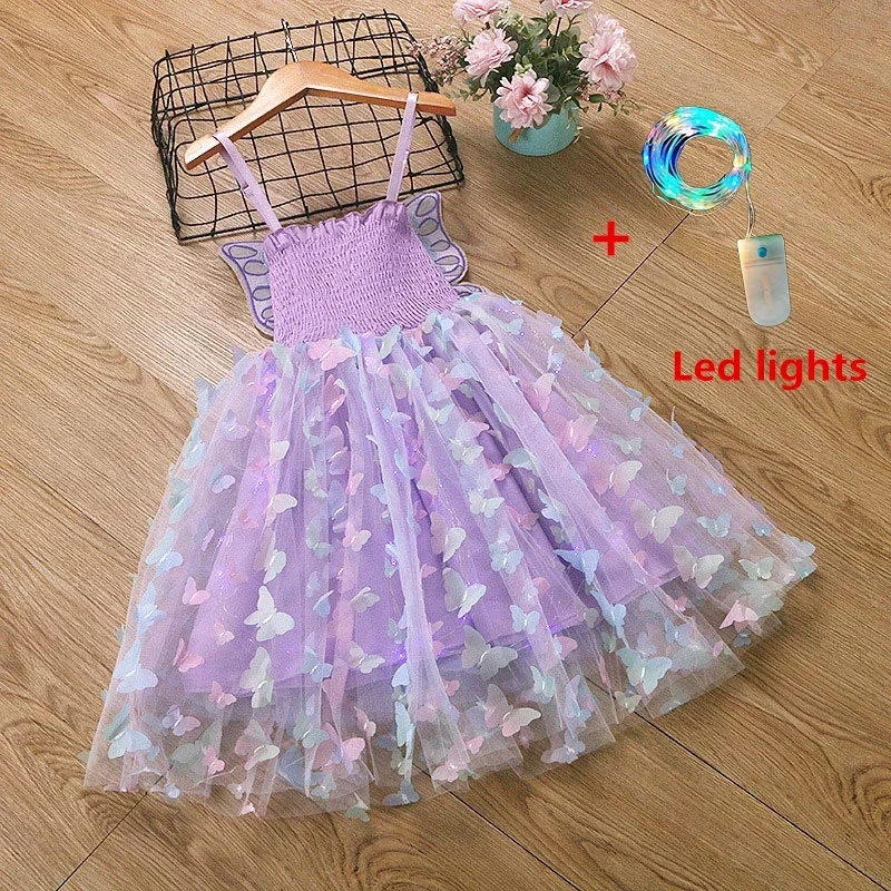 Robe d'été princesse féerique pour filles ailes de papillon tissu tulle smocks coton lumière LED robe de fête 