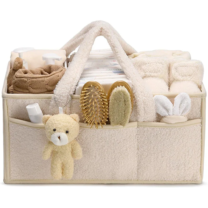 Panier de rangement en peluche pour bébé organiseur de soins sac à couches poignée robuste poches multiples ac